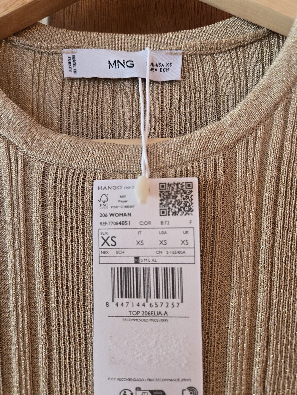 Mango Lurex Beige Short-Sleeve Ribbed Knitted Top XS - Picture 5 of 10